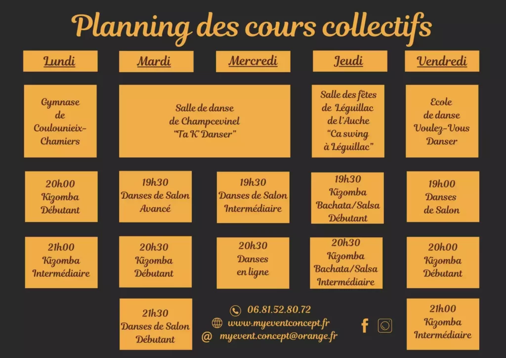 My Event Concept - planning cours collectifs jours